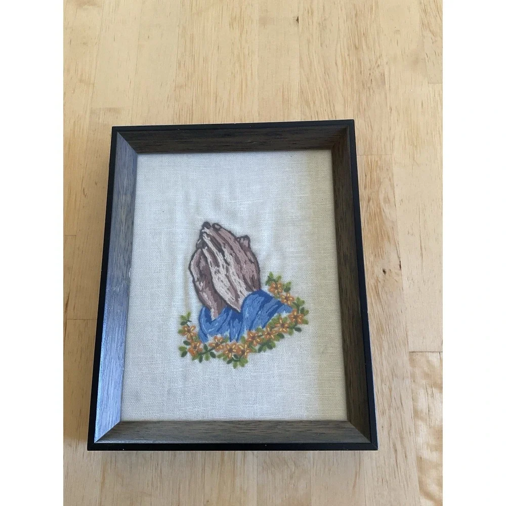 Handmade Praying Hands Vintage Tapestry Framed Artwork 8x10